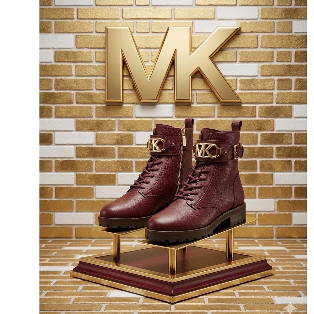 Michael Kors Burgundy Leather Lace Up Combat Boots Gold MK Logo Size 6.5M